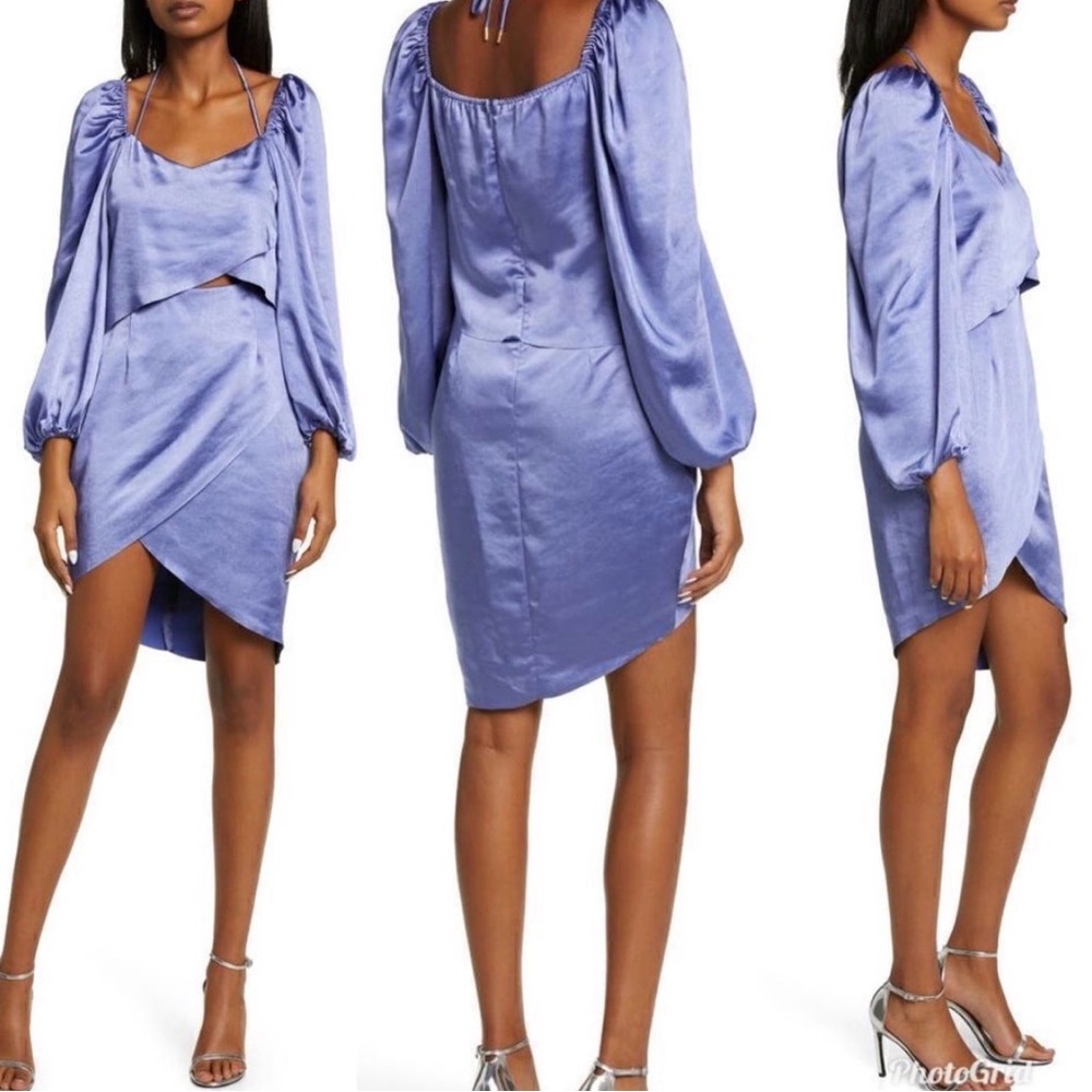 Elliatt Lilac Satin Puff-Sleeve Mini Dress